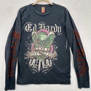 Vintage Ed Hardy T Shirt Mens L Black Long Sleeve Graphic Peace Love Tattoos Y2K